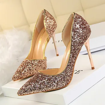 

Sexy nightclub women's shoes with high heel shallow mouth pointed side hollow sequined shoes