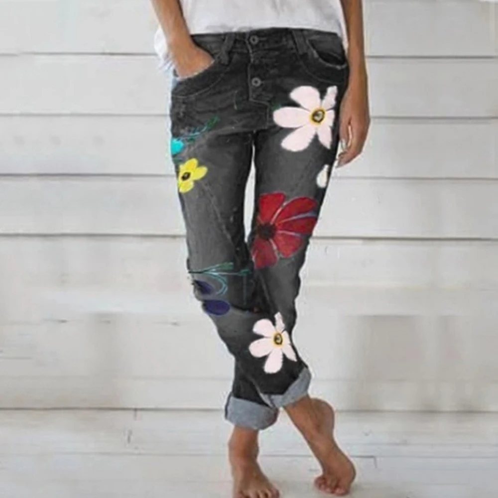 Новые брендовые узкие женские джинсы модные джинсы с цветочным узором брюки осенние длинные джинсовые брюки на пуговицах подходят прямые брюки для бега
