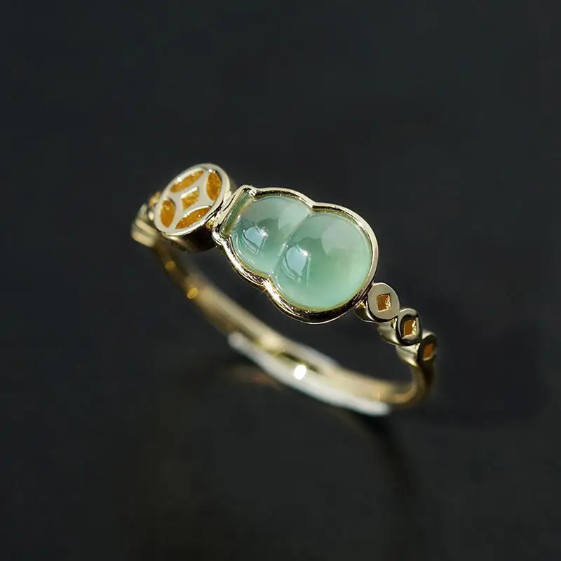 Original craft natural jasper gourd ingot opening adjustable ring Chinese retro creative fresh charm lady silver jewelry | Украшения и