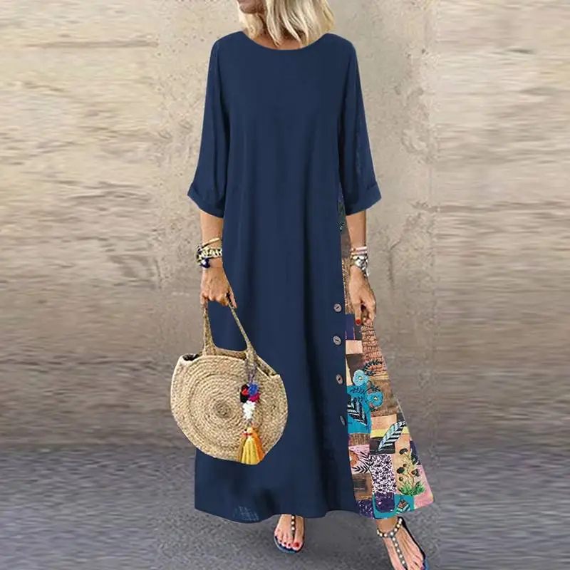 ZANZEA, женское платье, осень, лето, для вечеринки, Vestidos, длинное, макси платье, цветочный принт, на пуговицах, повседневное, размера плюс, сарафан, туника, 5XL