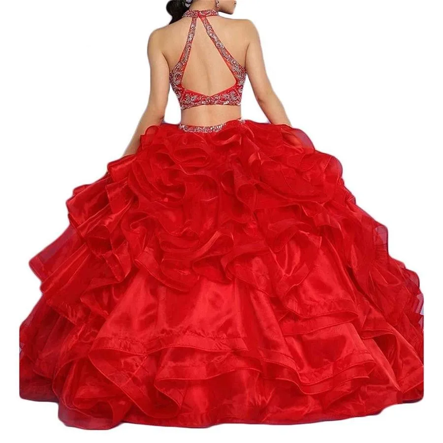 Горячая Распродажа, Красное Длинное Пышное Платье из двух частей, бальное платье из бисера, Многоуровневая органза, vestidos de 15 anos, бальное платье