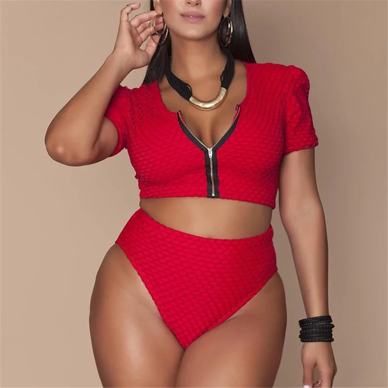 

XL-4XL Plus Size Bikini Set Pad Zipper Front Swimsuit Large Swimwear 2020 High Waist Monokini Female Short Sleeve Bathing Suit