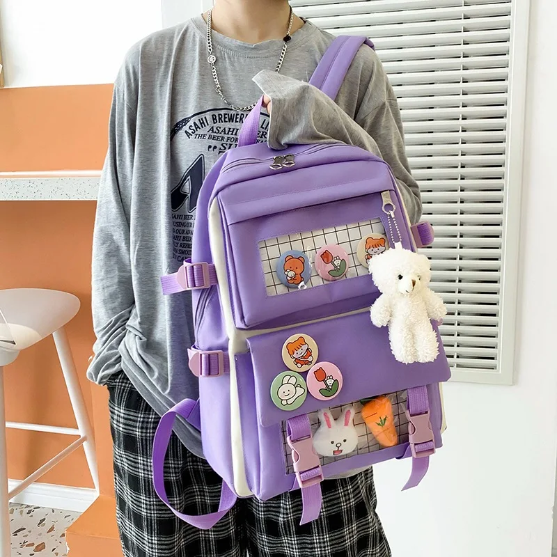 2021 New 4 Pcs Set Kawaii Women's Backpack Purple Colours Cute Canvas School Bags for Teenage Girls College Student Kids BookBag 