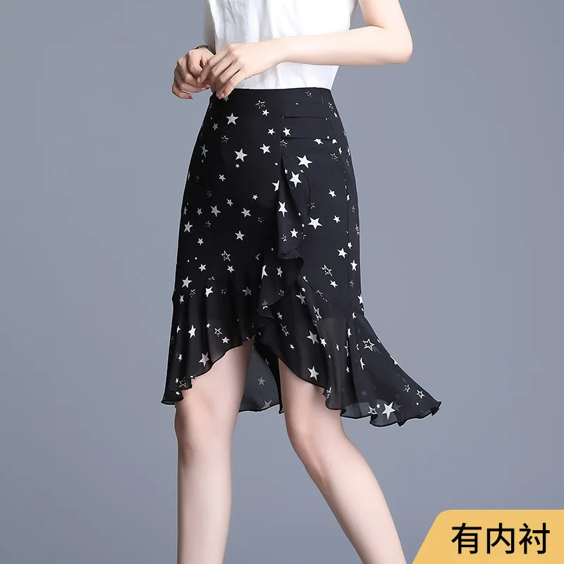 

2022 Summer New High Waist Slimming Simple Black Irregular Chiffon Fishtail Skirt Casual Loose Sexy Women Bag Hip Skirt Shipping