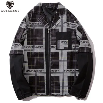 

Aolamegs Jackets Men Fake 2 Pieces Tracksuit Plaid Print Hip Hop Cargo Style Advanced Coats Casual Advanced Streetwear Autumn