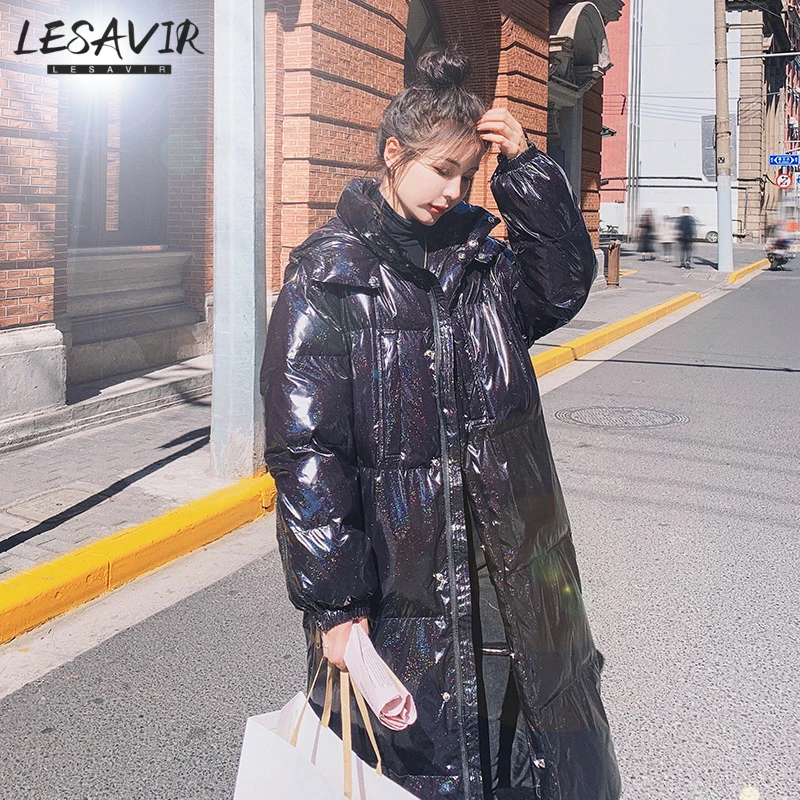 

Black Shiny Mid-length Down Padded Jacket Women's 2020 Winter New Korean Version Loose Fashion Over-the-knee Warm Jacket