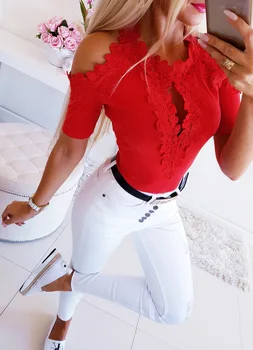 

BacklakeGirls Elegant White /Red Lace Blouse Shirt Women Sexy Cut Out Short Sleeve Appliques Blouses Summer Tops Female 2020
