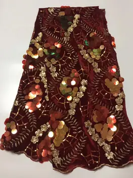 

2019 New Design Velvet With Sequins African French Velvet Lace Fabric Wine Red Gold Nigerian Velvet Lace Fabric For Garment