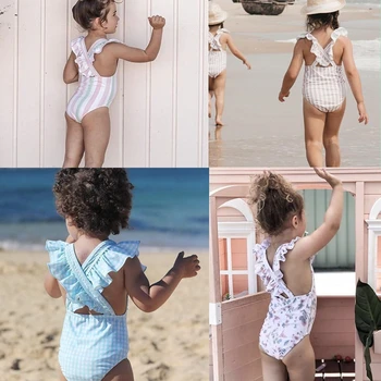 

4-8Y Kids Baby Girls Swimsuit Striped Bathing Bikini One-Piece Swimming Suit Swimwear New Children Girl Ruffle Floral Beachwear