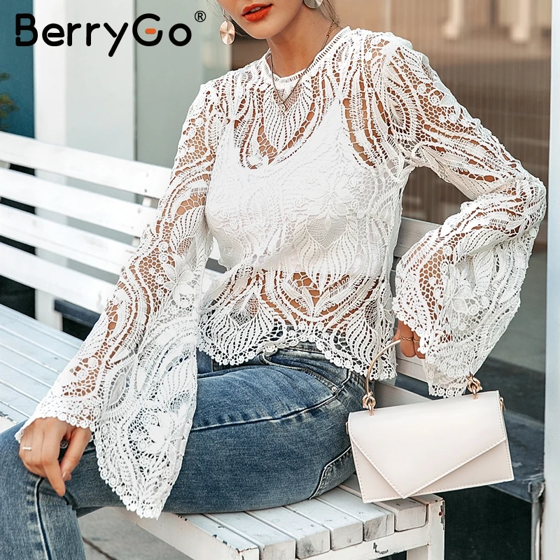 BerryGo Сексуальная сетчатая кружевная женская блузка с вышивкой Элегантные открытые расклешенные рукава женские топы Вечеринка клуб прозрачные женские рубашки