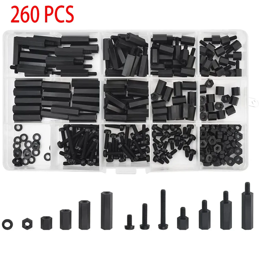 cheap!!!- 260pcs M3 Spacer Nylon Black Hex Screw Nut Kit Standoff PCB
Assortment Box Kit For Board Isolated And Fixed Supporting