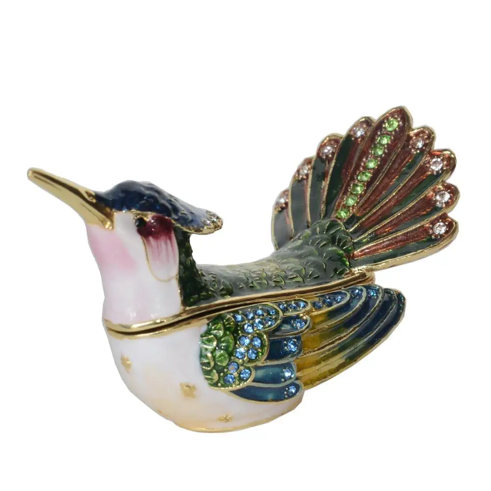 Hummingbird Enamel Trinket Box With Crystals Metal Alloy Jewelry Container Bird Figurines Gift for Her mini storage boxes