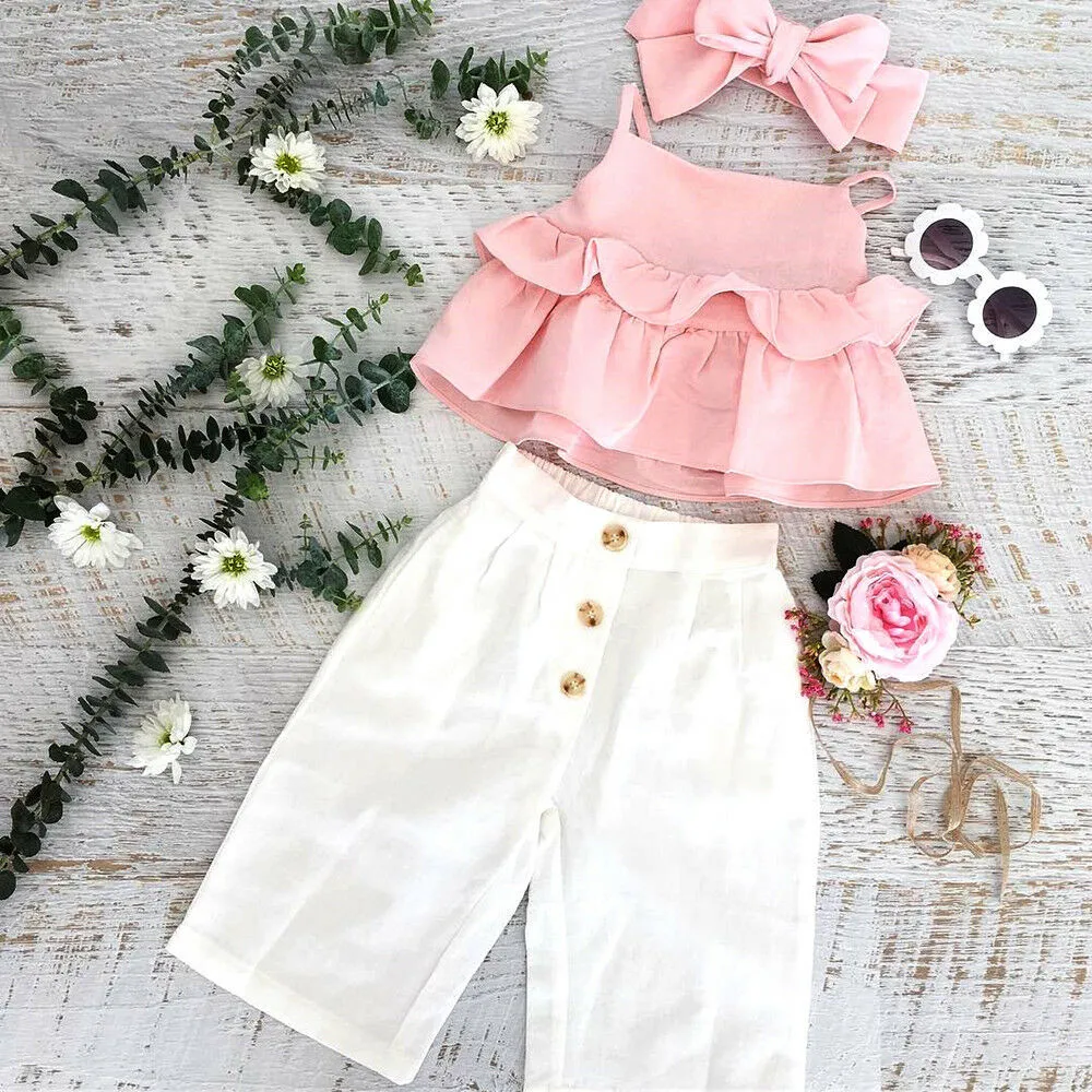 

2019 Infant Baby Girls Kids Clothes Straps Ruffle Tops T Shirt+Pants+Headband Outfits Baby Set Bebek Giyim Vetement Enfant Fille