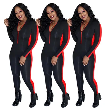 

Striped Jumpsuit women Spring autumn v-neck Zipper bodycon Outfits Joggers Fitness Lounge fashion lounge set bodysuit