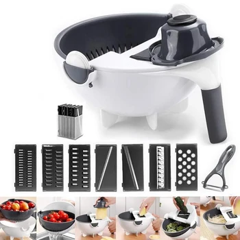 

9 in 1 Kitchen Gadget Grater Vegetable Cutter Slicer Multi-function Easy Food Chopper Mandoline Food Slicer Rotate Drain basket