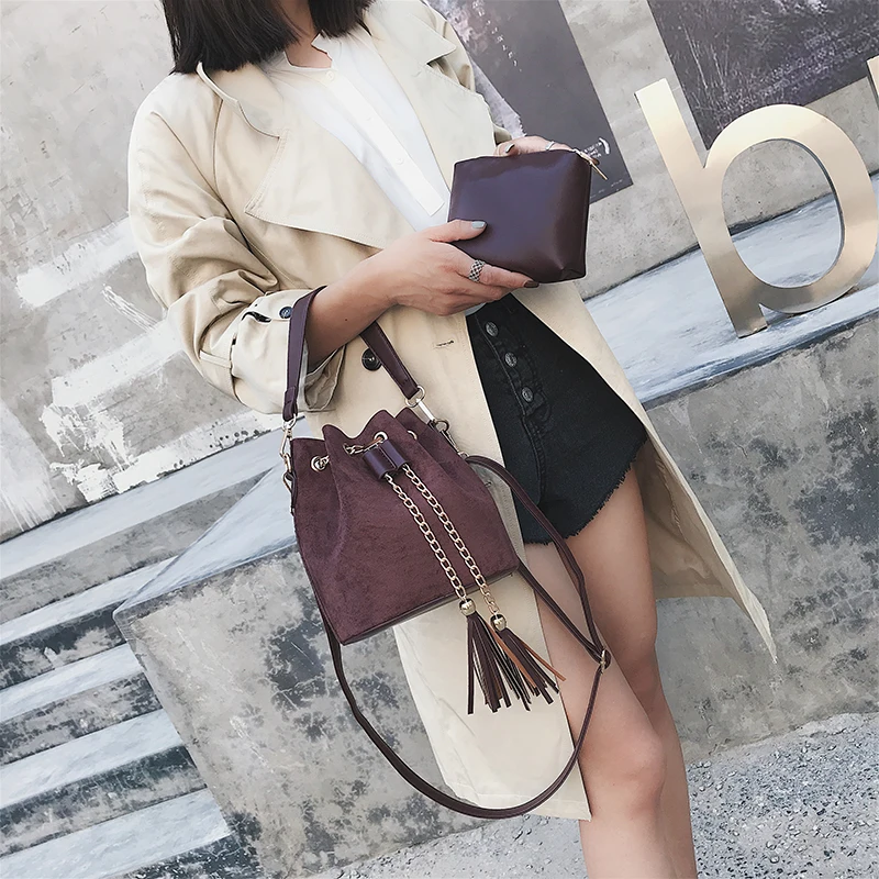 2019 New Mini Crossbody Handbags Cute Suede Bucket Bag Organizer Small Tassel PU Leather Womens Shoulder Messenger Bags Bolsos