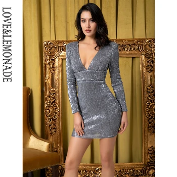 

LOVE&LEMONADE Sexy Rose Gold Deep V-neck Open Gary Slim Fit Elastic Sequins Party Mini Dress LM81763