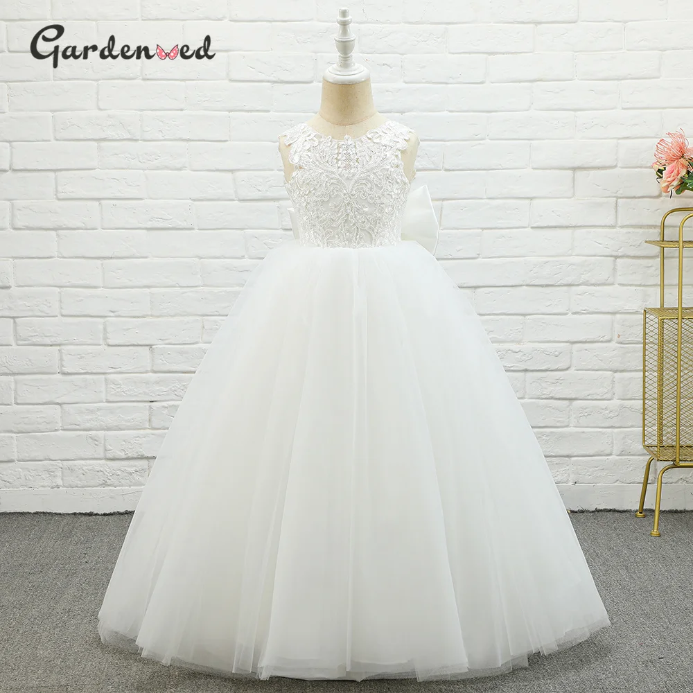 Gardenwed Ivory Lace Flower Girl Birthday Banquet Backless Bow Sashes Applique Cute Girl Communion Dress robe fille enfant