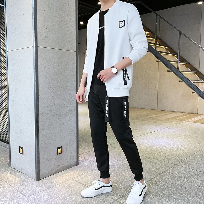 

2019 Autumn New Style Sports Set Men's Korean-style Casual MEN'S Cardigan Zipper Baseball Collar Men Two Pieces