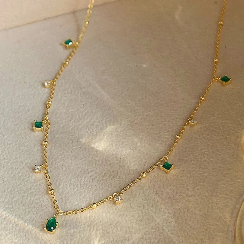 Tiny Charm Gold Color Thich Chain Choker Necklace for Women Girls Exquisite Green Zircon Clavicle Gifts Fashion Jewelry | Украшения и