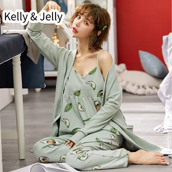 

2019 women's three piece fresh printing cotton pajamas women's pajamas lovely home clothes vest pajamas pants