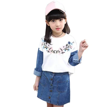 

Kids Clothes Embroidery T-shirt + Denim Skirt Girls Clothes Patchwork Long Sleeve Suit For Girl Novelty Spring Clothes For Girls