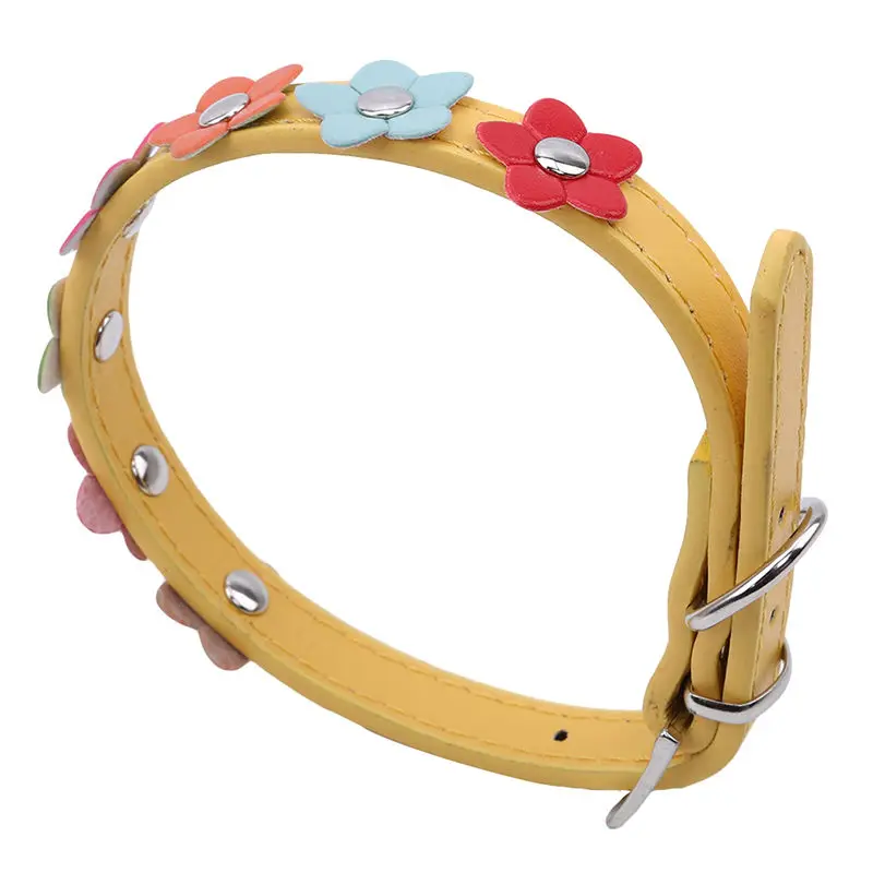 Creative Sweet Flower Studded PU Leather Cat Collar Pet Small Dog Buckle Neck Strap Pet Collar Colorful Flower Dog Collar