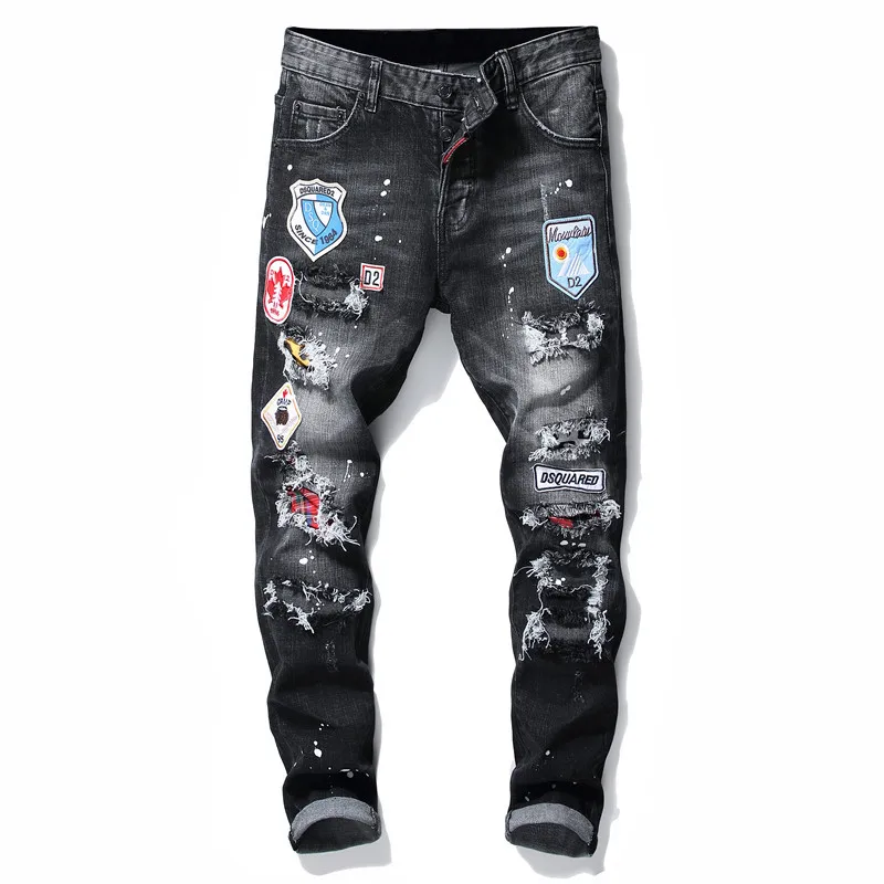 

Autumn And Winter New Style Tattered Paint Splattered Men Slim Fit Elasticity Jeans Black And White with Pattern Embroidery Badg