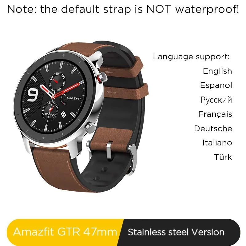 Amazfit GTR 47 мм Смарт-часы 5atm водонепроницаемые умные часы 24 дня батарея Gps управление музыкой кожаный силиконовый ремешок глобальная версия - Цвет: Stainless Steel