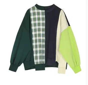 

Women spring autumn contrast color round neck fleece lady's plus size loose pullover short casual outwear TB674