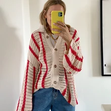 

Stripe Loose Cardigan Top Korean Knitwear Hollow Out Women Autumn Knit Jacket High Street Hollow Out Casual Sweater Coat