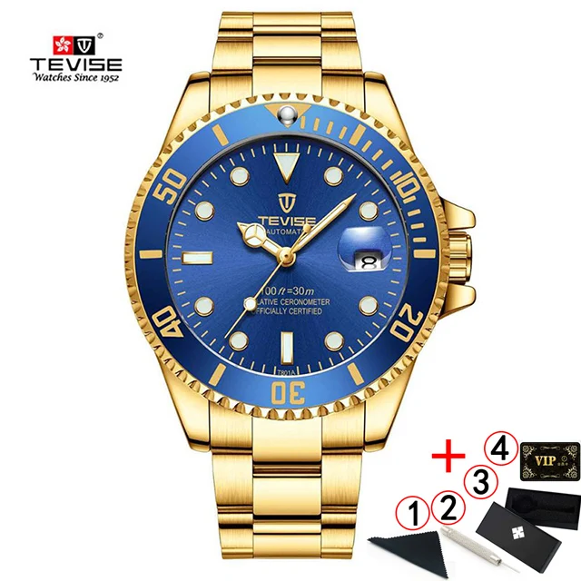 7-blue-gold-box Tevise Top Brand Luxury Men Mechanical Watches Automatic waterproof Stainless Steel Men Wristwatches Relogio Masculino - Цвет: 7-blue-gold-box