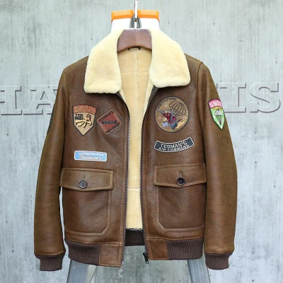 Men's Fur Jacket Short Leather Jacket Mans B3 Bomber Jacket Shearling Sheepskin Aviator Fur Coat Lambs Outerwear Flight Jacket - Цвет: Хаки