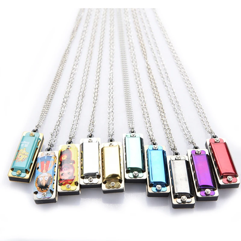 Mini 4 Hole 8 Tone Harmonica Portable instrument Decorative Metal Necklace Design Chain Toy Gift Color Random Simple piano