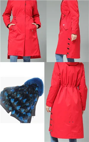 90cm Long Real Fox Lining fur coat parkas winter jacket coat women parka big real Fox raccoon fur collar fox fur liner Red Outer - Цвет: Тёмно-синий
