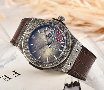 

Men's Band Retro Unique Quartz Watch Casual Leather Strap Fashion WristWatch Clock Date Display relogio masculino