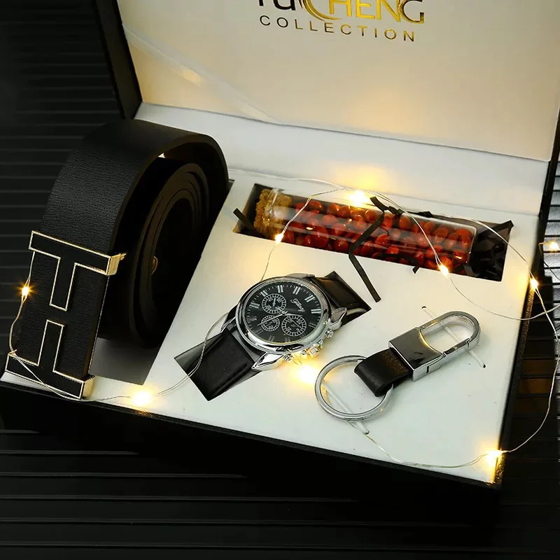 Модные креативные Мужские кварцевые часы с бумажником и ремешком, подарочный набор, подарок на Рождество и год - Цвет: Belt watch 1