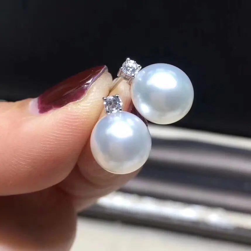 

D806 Pearl Earrings Fine Jewelry Solid 18K Gold 9-10mm Nature Fresh Water White Pearls Stud Earrings for Women Presents
