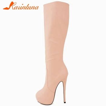 

karinluna Solid New Arrival On Sale Knee High High Platform High Thin Heels 14 cm Sexy Side Zipper Solid Boots