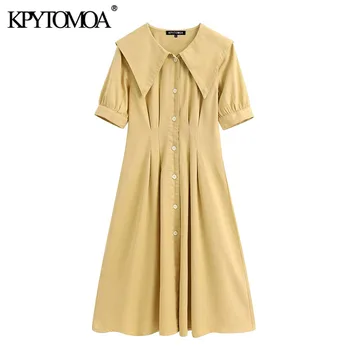 

KPYTOMOA Women 2020 Chic Fashion Buttons Pleated Midi Dress Vintage Lapel Collar Short Lantern Sleeve Female Dresses Vestidos