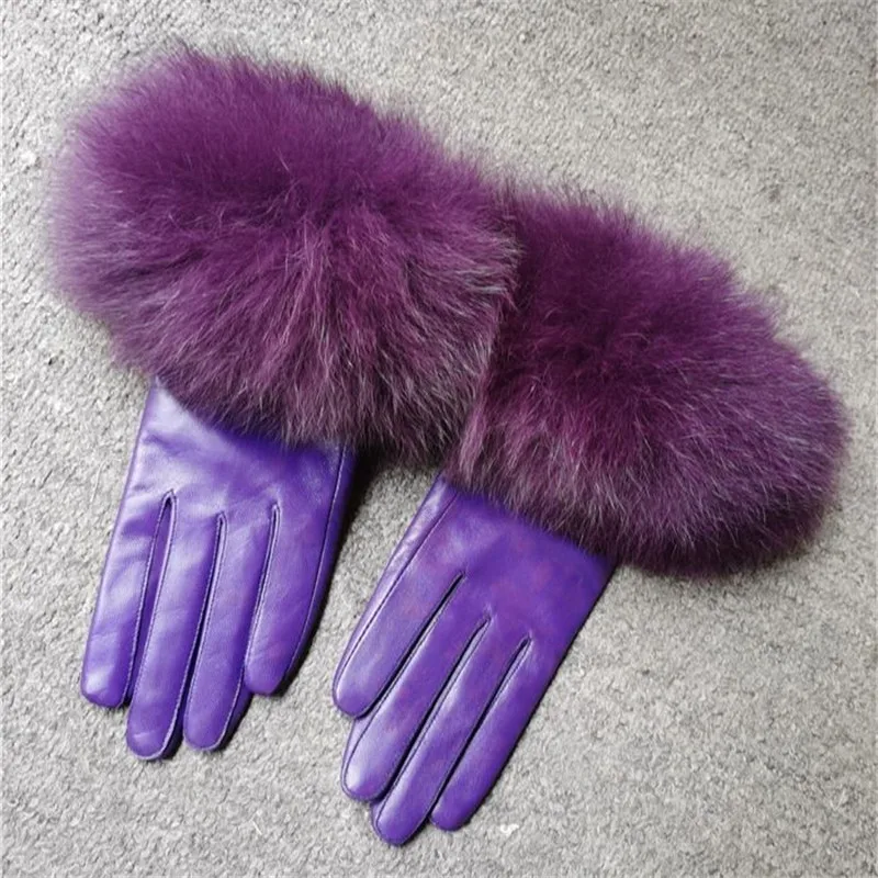 Winter Velvet Lined Genuine Leather Women Gloves Real Fox Fur Lady Sheepskin Gloves Gants Femme