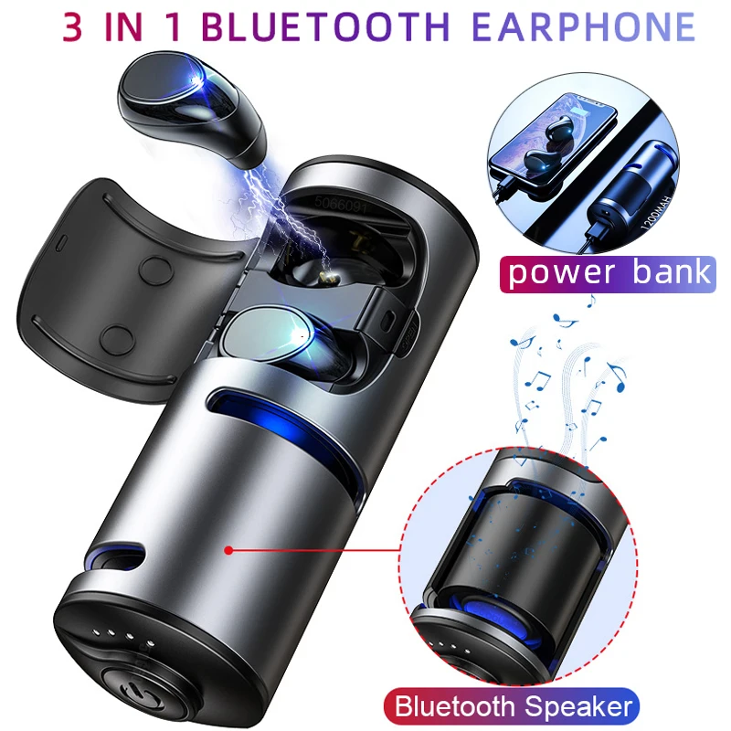 

3 IN 1 TWS Bluetooth Earphone 5.0 Multi-function Touch Wireless Headset Sport Portable Headphone Bluetooth Speaker Power Bank