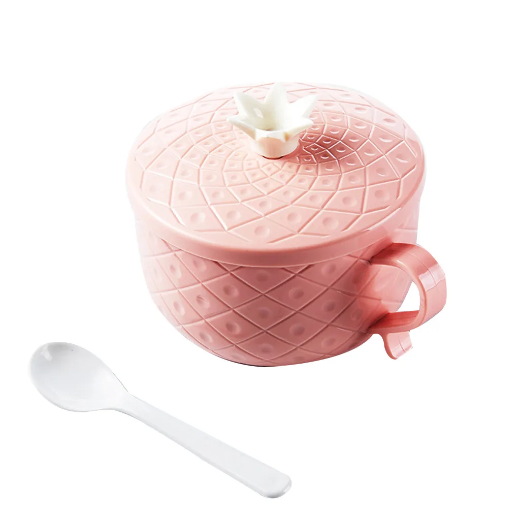 pink Милая миска с крышкой из нержавеющей стали ананаса, утолщенная, анти-скальдинг, ложка, стальная миска с крышкой, утолщенная, анти-скальдинг, ложка - Цвет: pink
