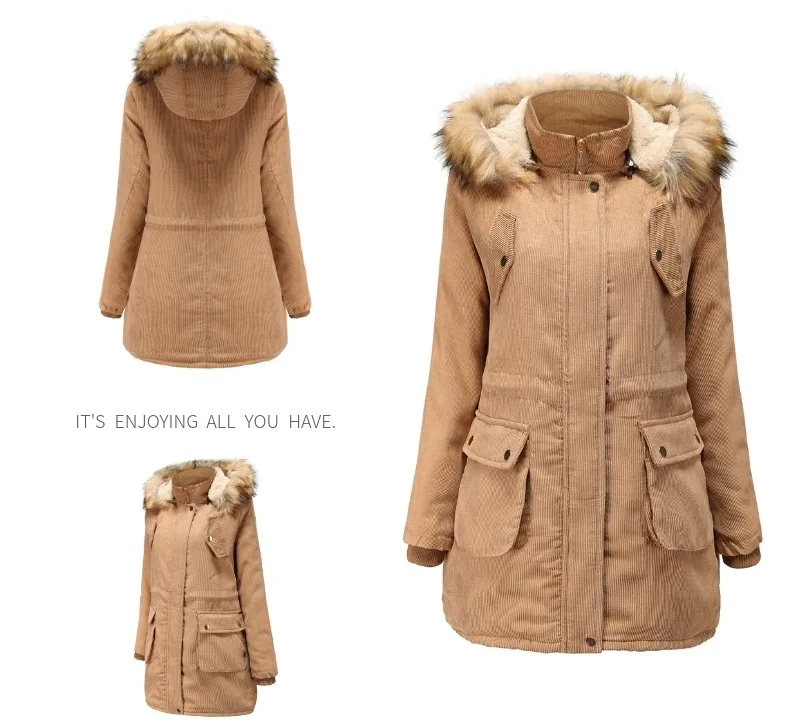 WEPBEL Вельветовая Зимняя парка с длинным рукавом и карманами на молнии, модная повседневная новая теплая женская верхняя одежда с капюшоном и густым мехом