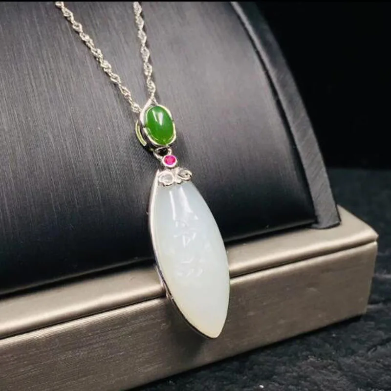 925 Sterling Silver White Green HeTian Jade Inlay Water Drop Lucky Pendant+ Chain Necklace For Women Charm Fine Jewelry Gift