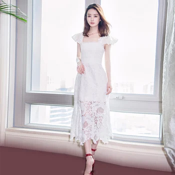 

Summer Long Midi Dress Women White Lace Dress Floral Embroidery Short Flare Sleeve Hollow Party Dress High Waist Elegant A823
