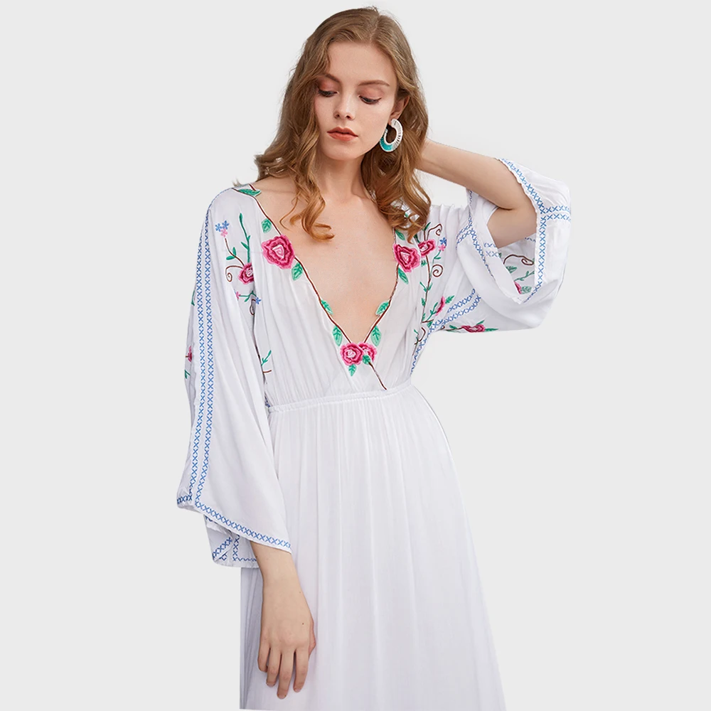 

Loose Floral Split Embroidery Maxi Dress Flare Sleeve Deep V Neck Vintage Vestido Summer Beach Boho Sexy Casual 2020 Women Dress