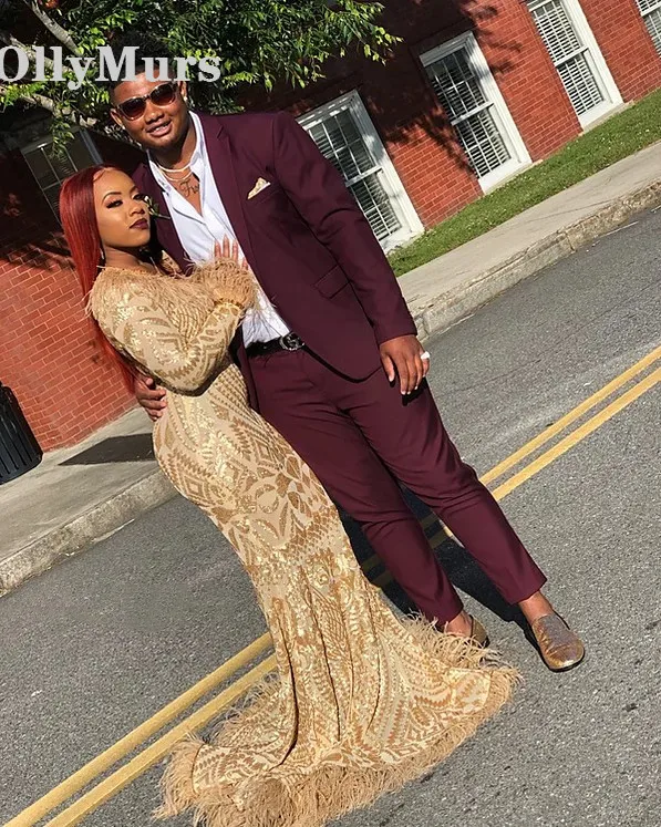 

Rose Gold Sequin Mermaid Prom Dresses with Detachable Long Sleeves Wine Red Evening Formal Gown Split V-neck Court Train