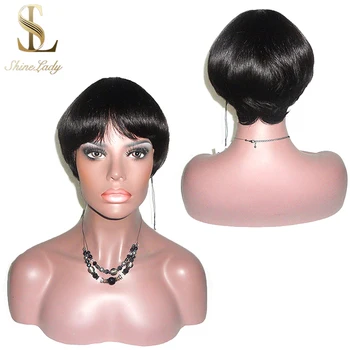 

Short Human Hair Wigs With Bangs Full Machine Made 130 Density Natural Black Brazilian Straight Remy Human Hair Wigs For Women