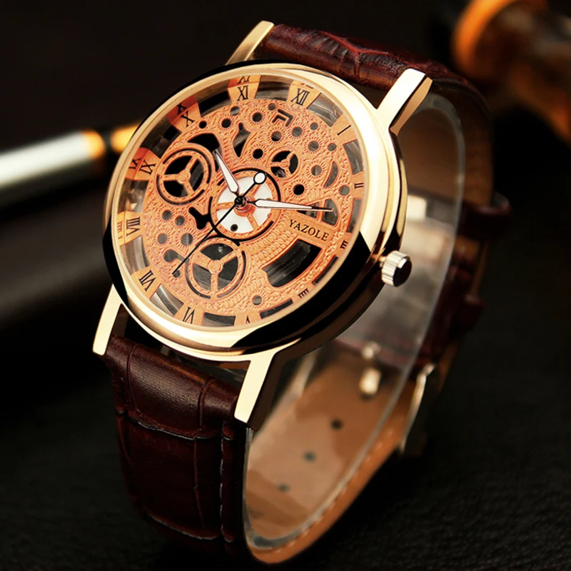 Часы YAZOLE 2022 модные Механические Мужские часы-скелетоны с имитацией кожи